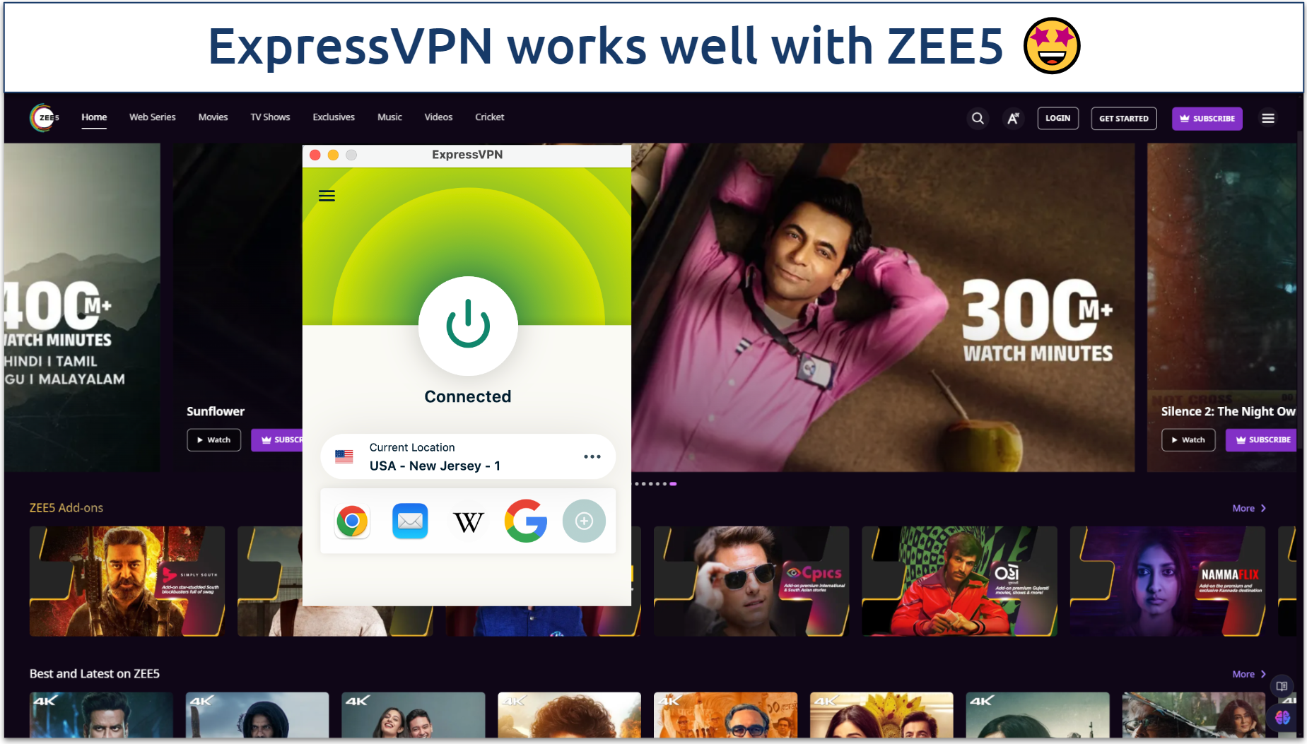 Screenshot of the ZEE5 website with ExpressVPN connected
