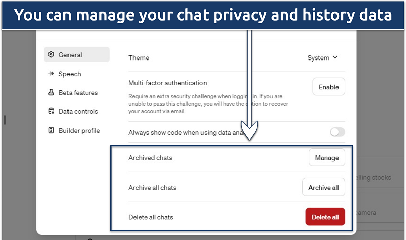 Screenshot of ChatGPT’s chat history management features