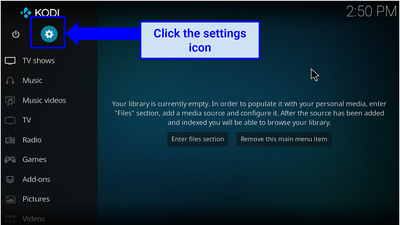 A screenshot of Kodi app home screen