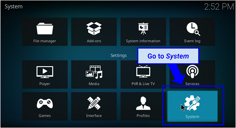 A screenshot of Kodi setting options