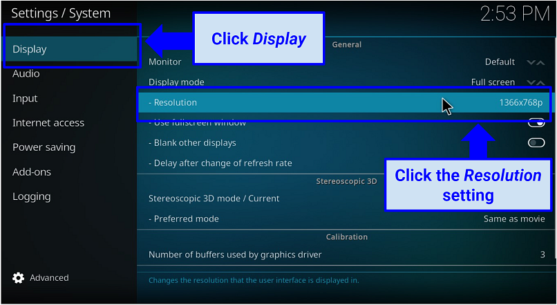 A screenshot of Kodi app display and resolution settings