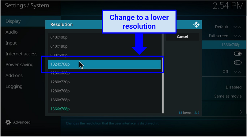 A screenshot of Kodi app resolution options