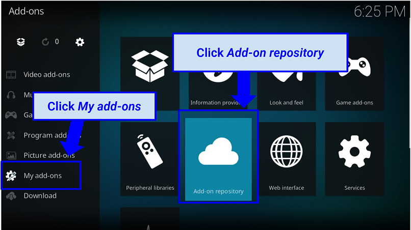 A screenshot of Kodi app add-on section