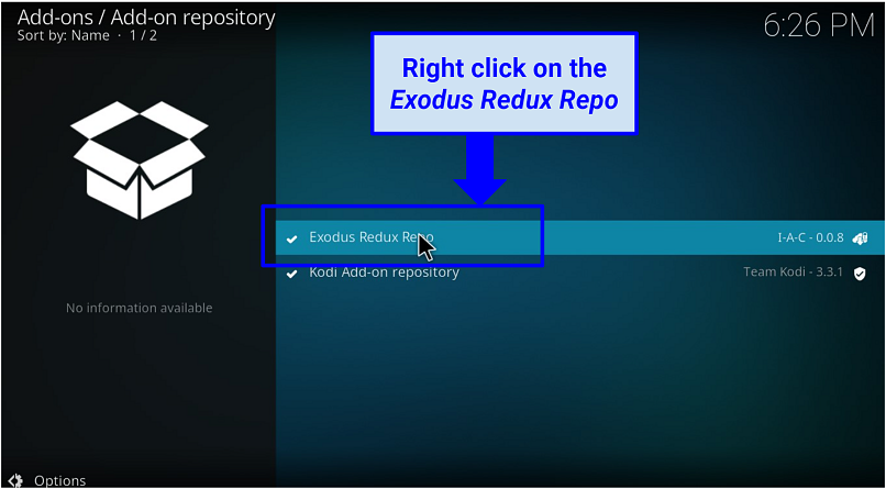 A screenshot of Exodus repository on Kodi