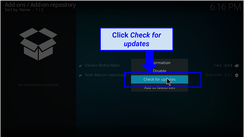 A screenshot of Kodi app Exodus update settings