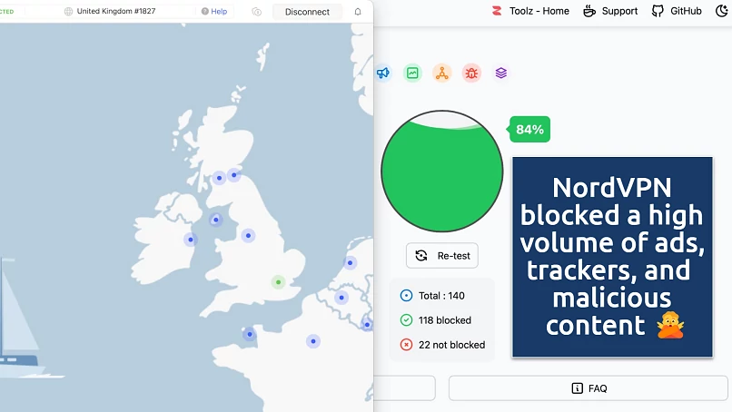The NordVPN app with Threat Protection enabled over an online ad and tracker blocker test