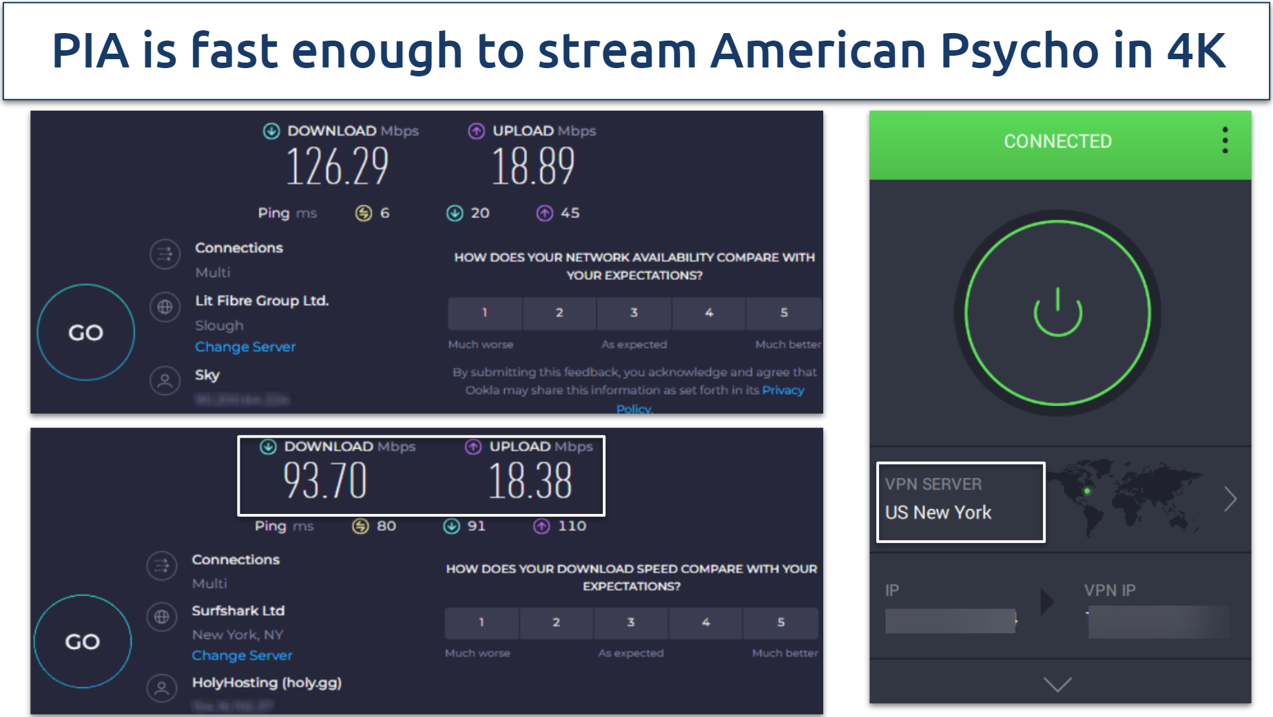 Pictures of PIA speed tests on the US server