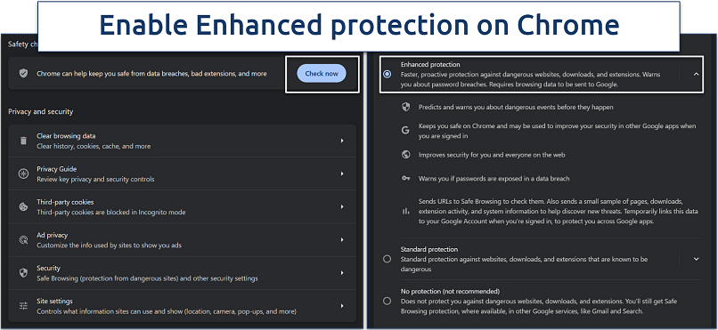 Screenshot of Chrome’s security settings