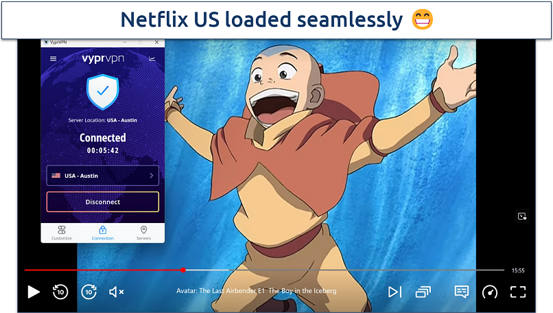 Screenshot of Netflix player streaming Avatar: The Last Airbender while connected to VyprVPN's Austin server