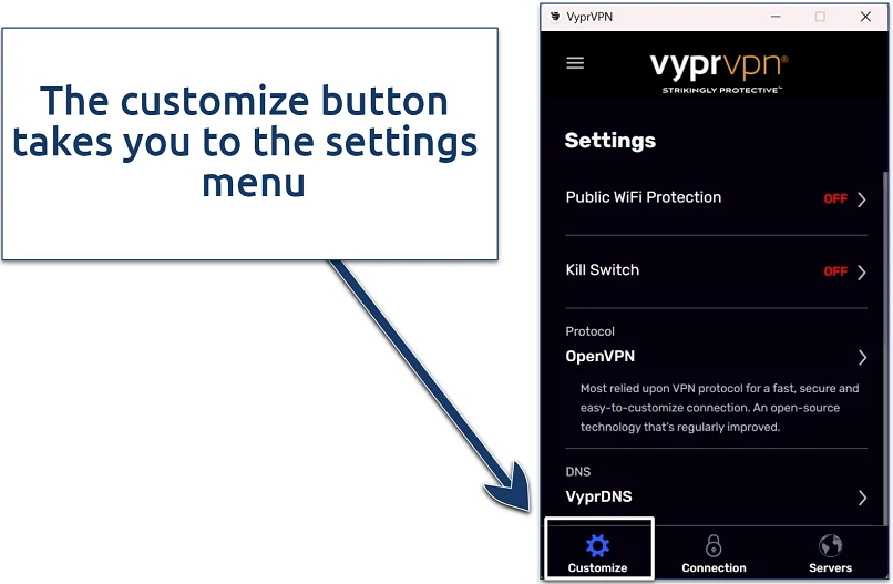 Screenshot of the VyprVPN Windows app showing how to access the settings menu