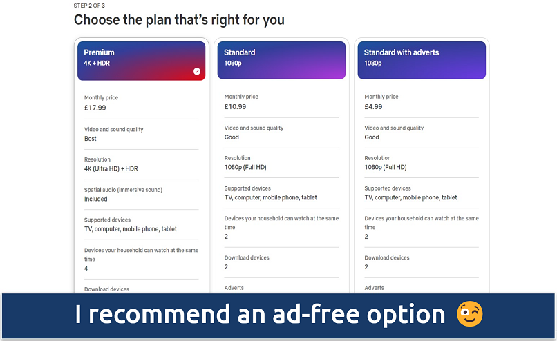 Screenshot of Netflix pricing plans