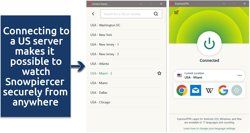 Screenshot of ExpressVPN app, showing US servers and connected to a US Miami server