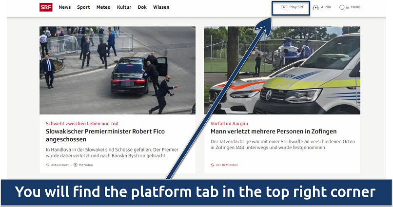 Screenshot of SRF website, with SRF streaming platform shown