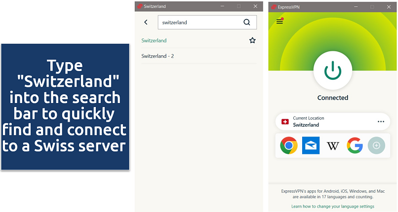 Screenshot of ExpressVPN app, showing Swiss servers and connected to a Switzerland server