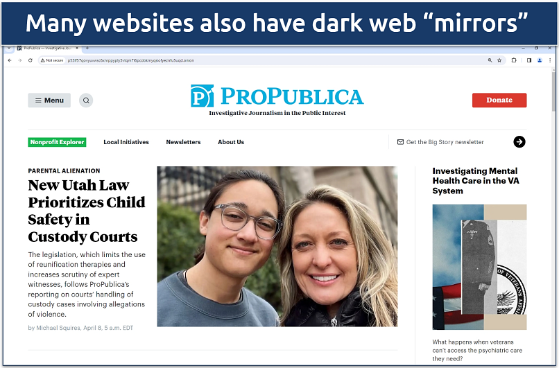 A screenshot of ProPublica’s dark web site