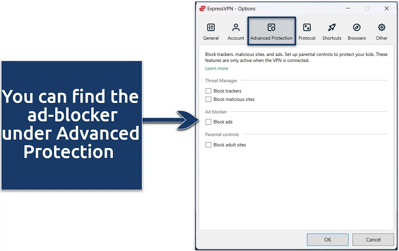 Screenshot showing how to enable ExpressVPN's ad blocker