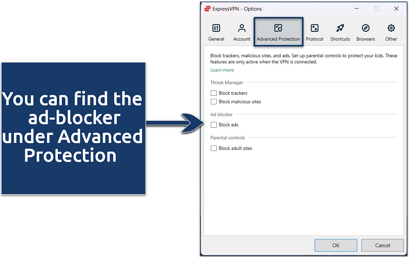 Screenshot showing how to enable ExpressVPN's ad blocker