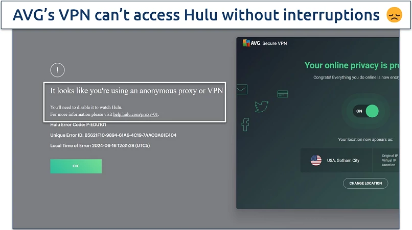 Screenshot of Hulu player displaying an error message while connected to AVG Secure VPN's Gotham City server 