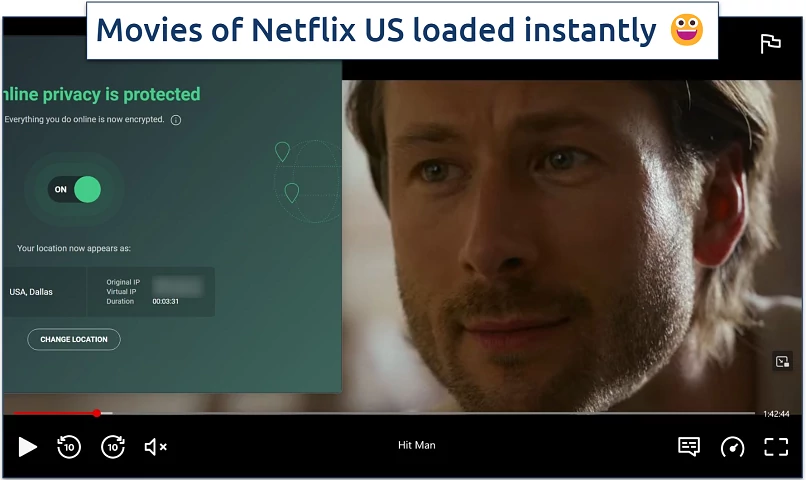 Screenshot of Netflix Player streaming Hit Man while connected to AVG Secure VPN's Dallas server