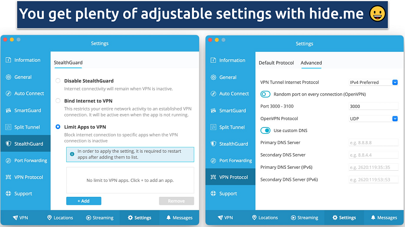 Screenshot showing the Settings panel on hide.me’s app