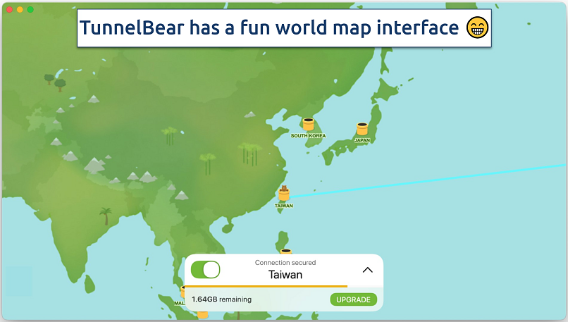 Screenshot showing the TunnelBear app connecting to a server in Taiwan