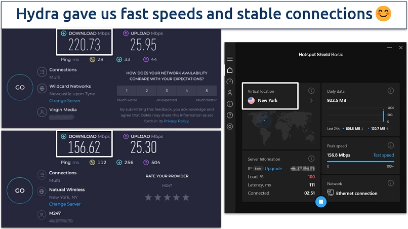 Screenshot of Hotspot Shield's speed test results