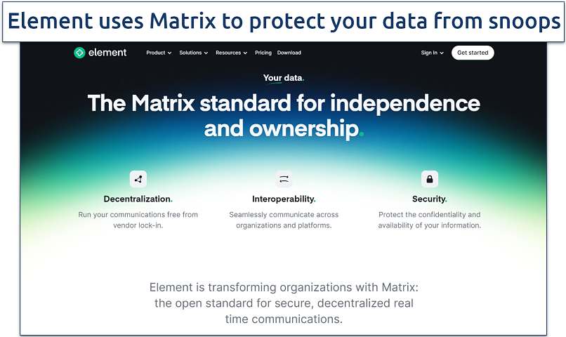 Screenshot of the Element app's webpage