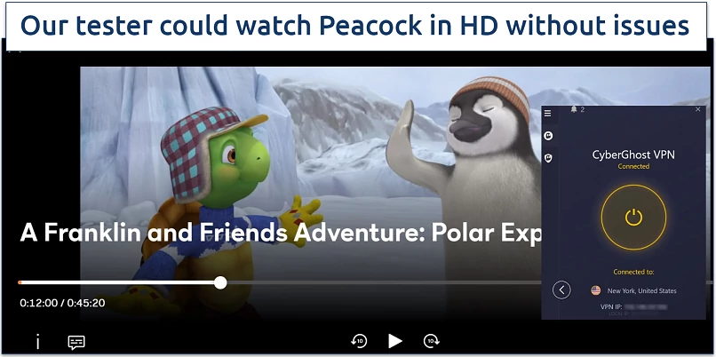Screenshot of Peacock player streaming A Franklin and Friends Adventure with CyberGhost servers optimized for Peacock