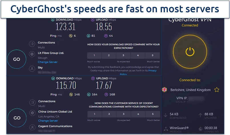 Screenshot of a speed test showing rates not connected to the VPN vs connected to a server in Los Angeles