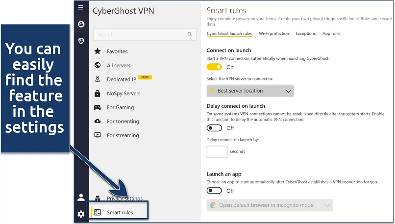 A screenshot of CyberGhost's Smart rules features