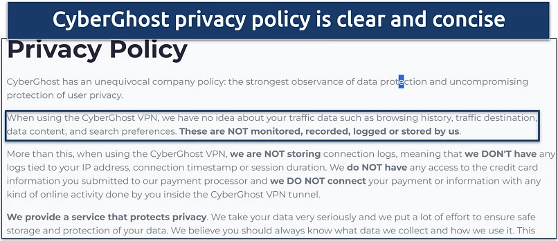 Screenshot of CyberGhost's privacy policy showing the data it collects