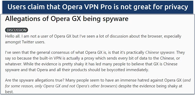 Screenshot of Reddit thread claiming Opera GX is owned by a Chinese company