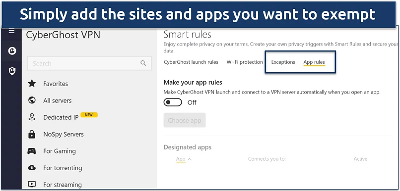 Screenshot of CyberGhost app showing split tunneling options