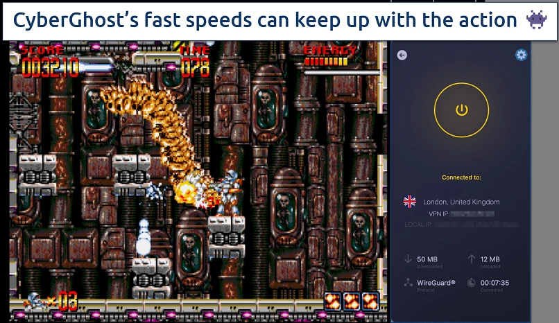 Screenshot showing the CyberGhost app over an online retro game