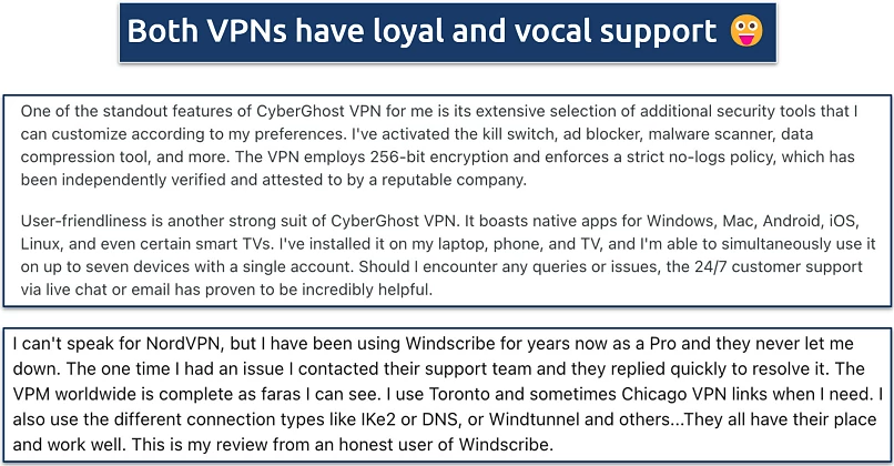 Screenshot showing screengrabs of Reddit quotes about CyberGhost and Windscribe