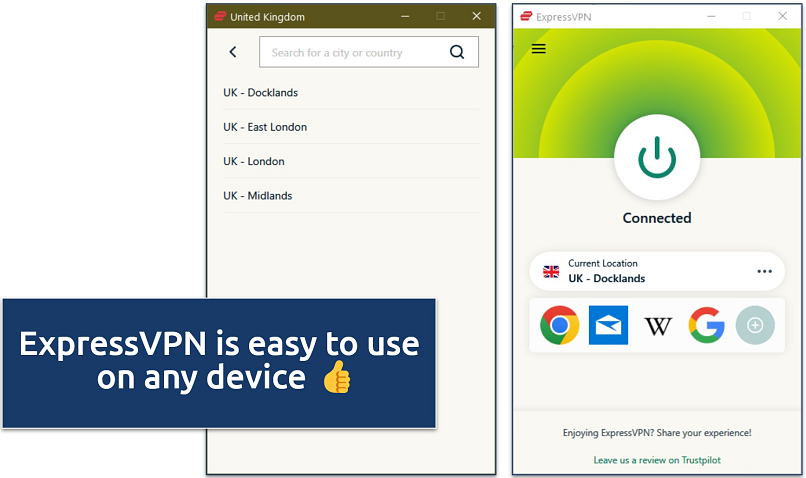 Screenshot of ExpressVPN’s Windows app connected to a UK server