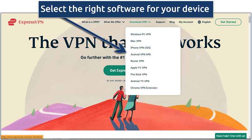 Screenshot of ExpressVPN’s website homepage with the option to choose your device or operating system
