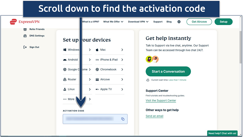 Screenshot showing where to find ExpressVPN’s activation code