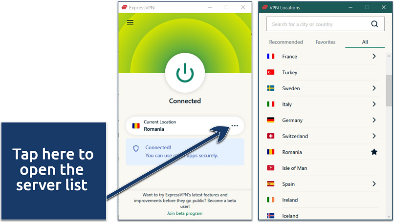 Screenshot showing ExpressVPN' Windows app connected to a Romanian server