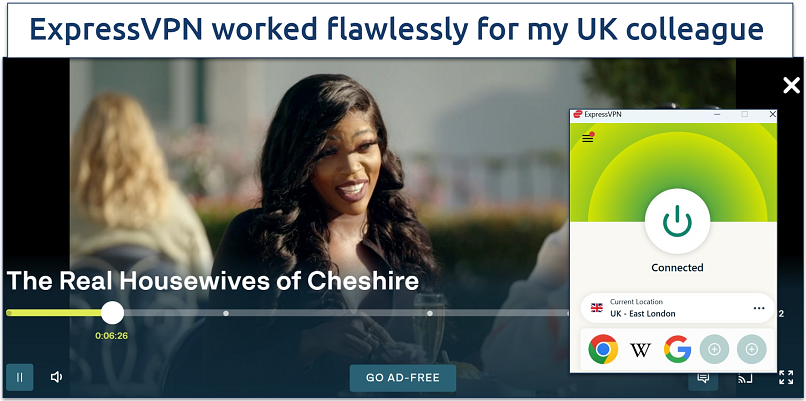 Screenshot of ITVX streaming The Real Housewives of Cheshire while connected to ExpressVPN's UK servers