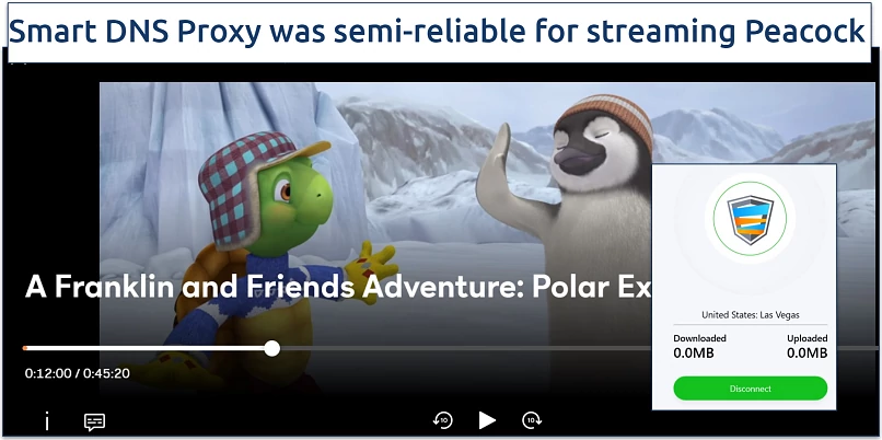 Screenshot of Peacock player streaming A Franklin and Friends Adventure while connected to Smart DNS Proxy's US servers