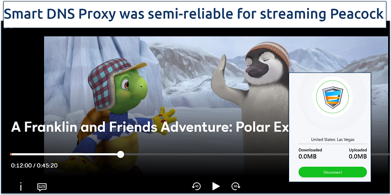 Screenshot of Peacock player streaming A Franklin and Friends Adventure while connected to Smart DNS Proxy's US servers