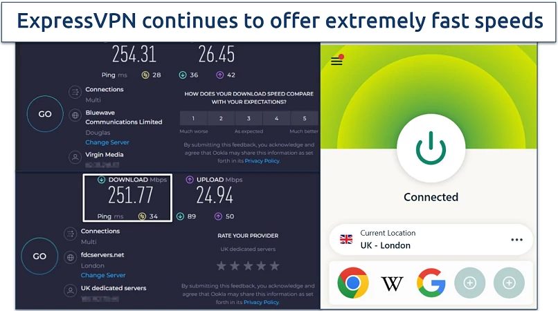 Screenshot of a speed test showing rates not connected to the VPN vs connected to a server in London