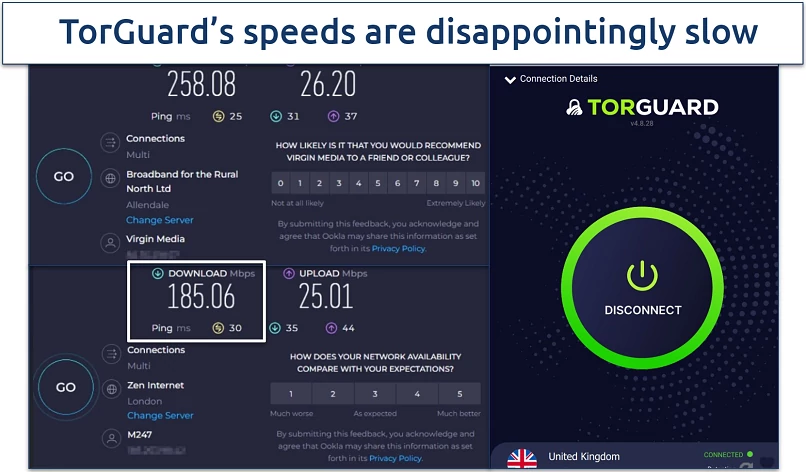 Screenshot of a speed test showing rates not connected to the VPN vs connected to a server in London