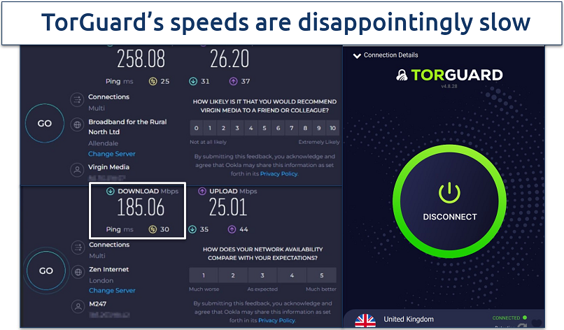 Screenshot of a speed test showing rates not connected to the VPN vs connected to a server in London