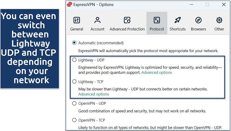 Screenshot of ExpressVPN's Windows settings showing protocol options