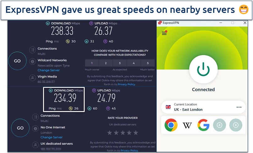 Screenshot of Ookla speed tests done with no VPN and while connected to ExpressVPN