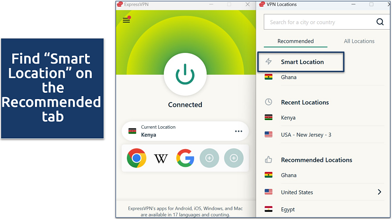 Screenshot of ExpressVPN's Windows dashboard showing Smart Location