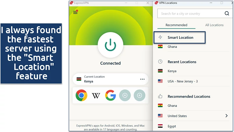 Screenshot of ExpressVPN's Windows dashboard showing Smart Location