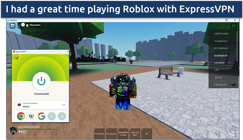 Screenshot of Roblox being played while connected to ExpressVPN's server in Kenya